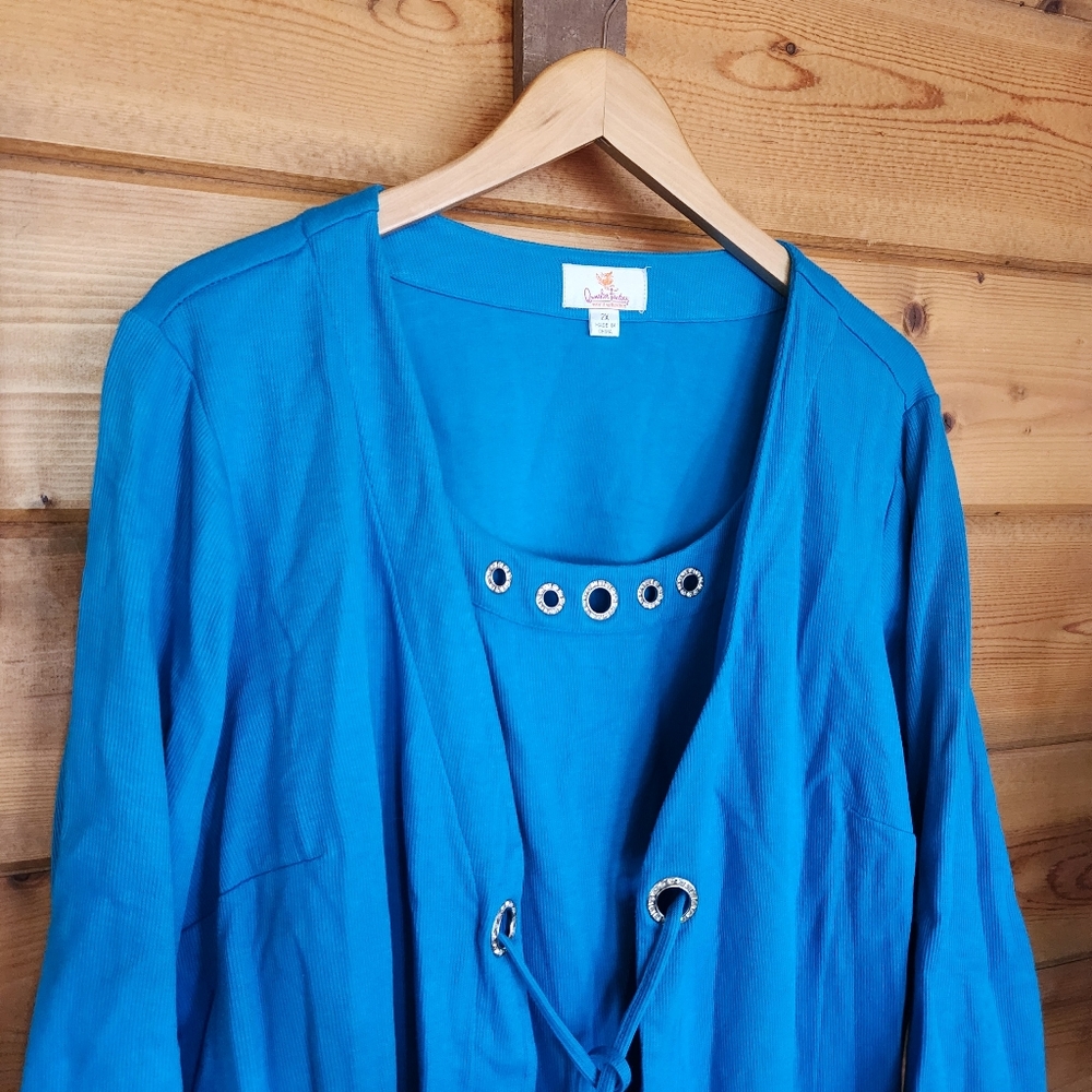 Quacker Factory Blue Cardigan Tank Sweater Top Set Rhinestone Keyhole Plus Sz 2X - Picture 2 of 10